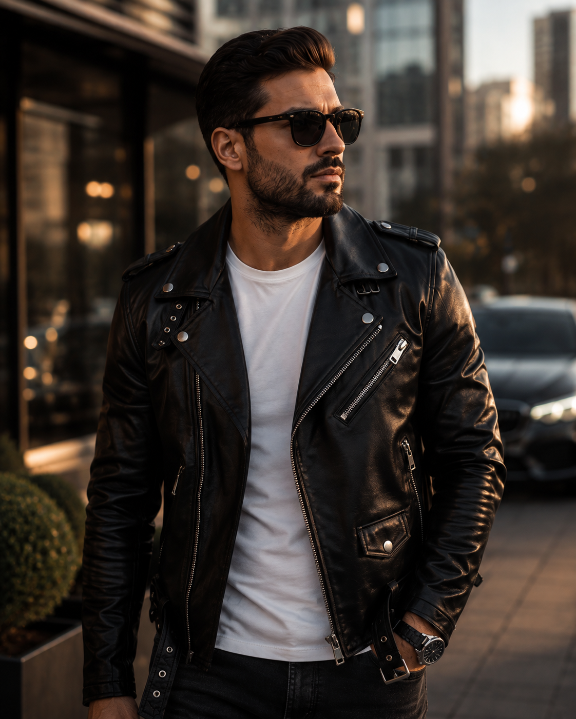 Jaqueta de Couro Masculina Estilo Biker Casual para Inverno Preta com Zíper