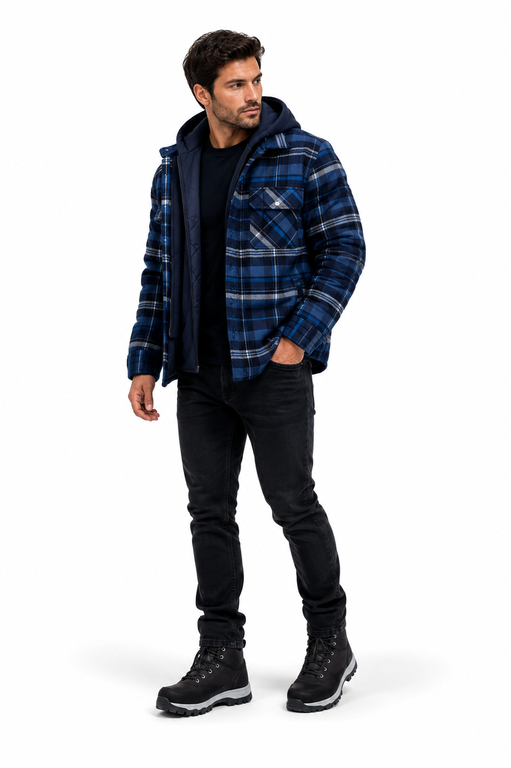Casaco Masculino Quadriculado Para Inverno com Capuz Forro de Algodão