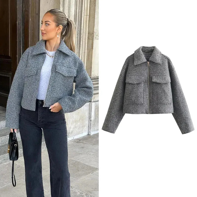 Jaqueta Feminina Curta em Tweed com Zíper - Modelo Cropped - (Promoção de Inverno 2025)