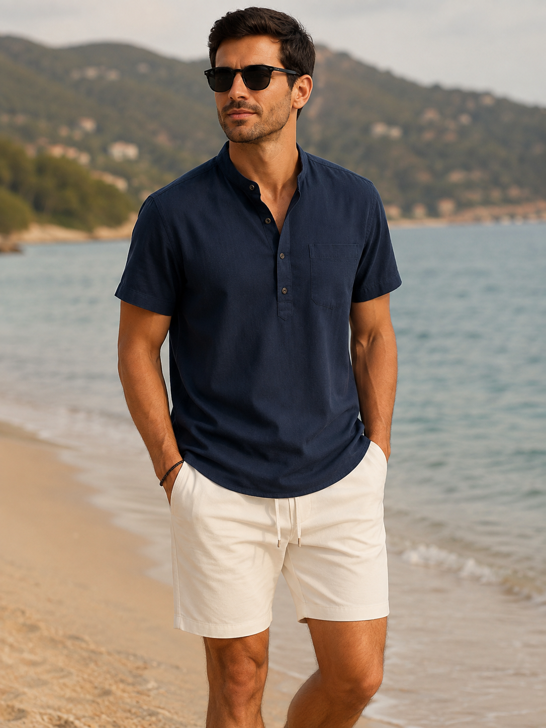 Conjunto de linho masculino Ibizza 3 Peças – Camisa, Short e Óculos