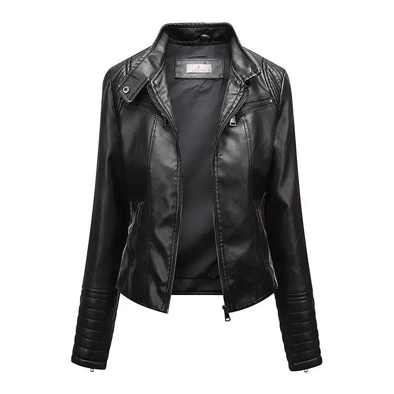 Jaqueta Feminina Slim Black Luxe com Gola Alta Estilo Motociclista - (Promoção de Inverno 2025)