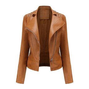 Jaqueta Feminina Slim Estilo Biker com Gola Dobrável e Detalhes Retrô - (Promoção de Inverno 2025)