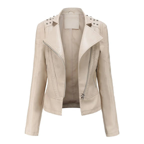 Jaqueta Feminina Slim Estilo Biker com Gola Dobrável e Detalhes Retrô - (Promoção de Inverno 2025)