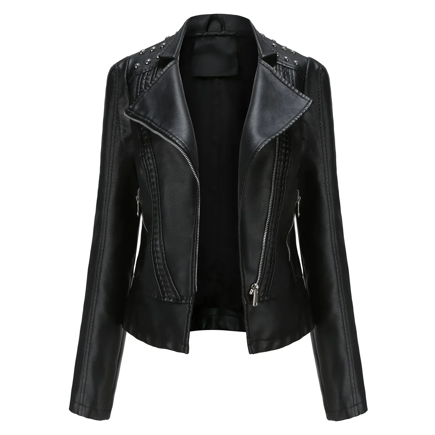 Jaqueta Feminina Slim Estilo Biker com Gola Dobrável e Detalhes Retrô - (Promoção de Inverno 2025)
