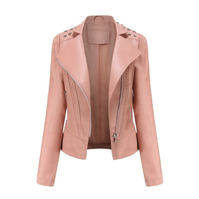 Jaqueta Feminina Slim Estilo Biker com Gola Dobrável e Detalhes Retrô - (Promoção de Inverno 2025)