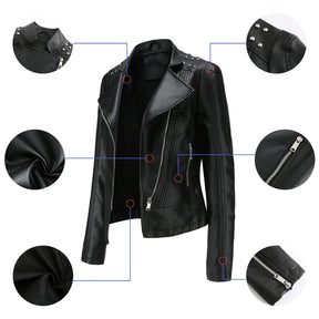 Jaqueta Feminina Slim Estilo Biker com Gola Dobrável e Detalhes Retrô - (Promoção de Inverno 2025)
