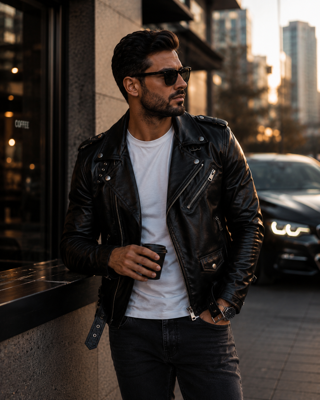 Jaqueta de Couro Masculina Estilo Biker Casual para Inverno Preta com Zíper