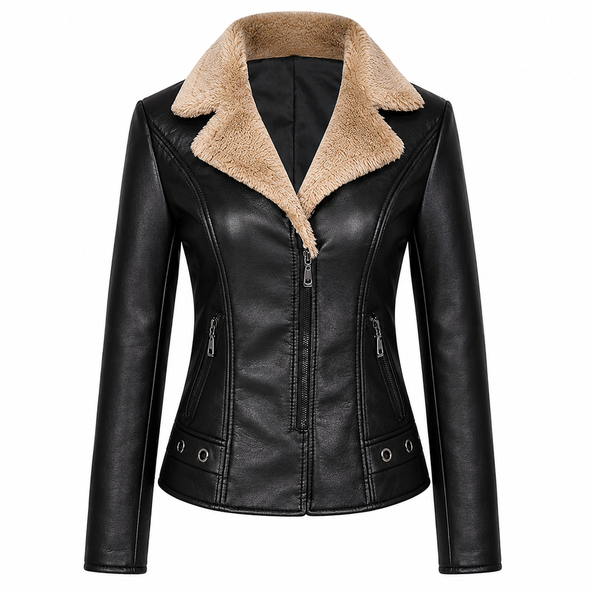 Jaqueta Feminina em Faux Leather com Detalhes em Pelúcia