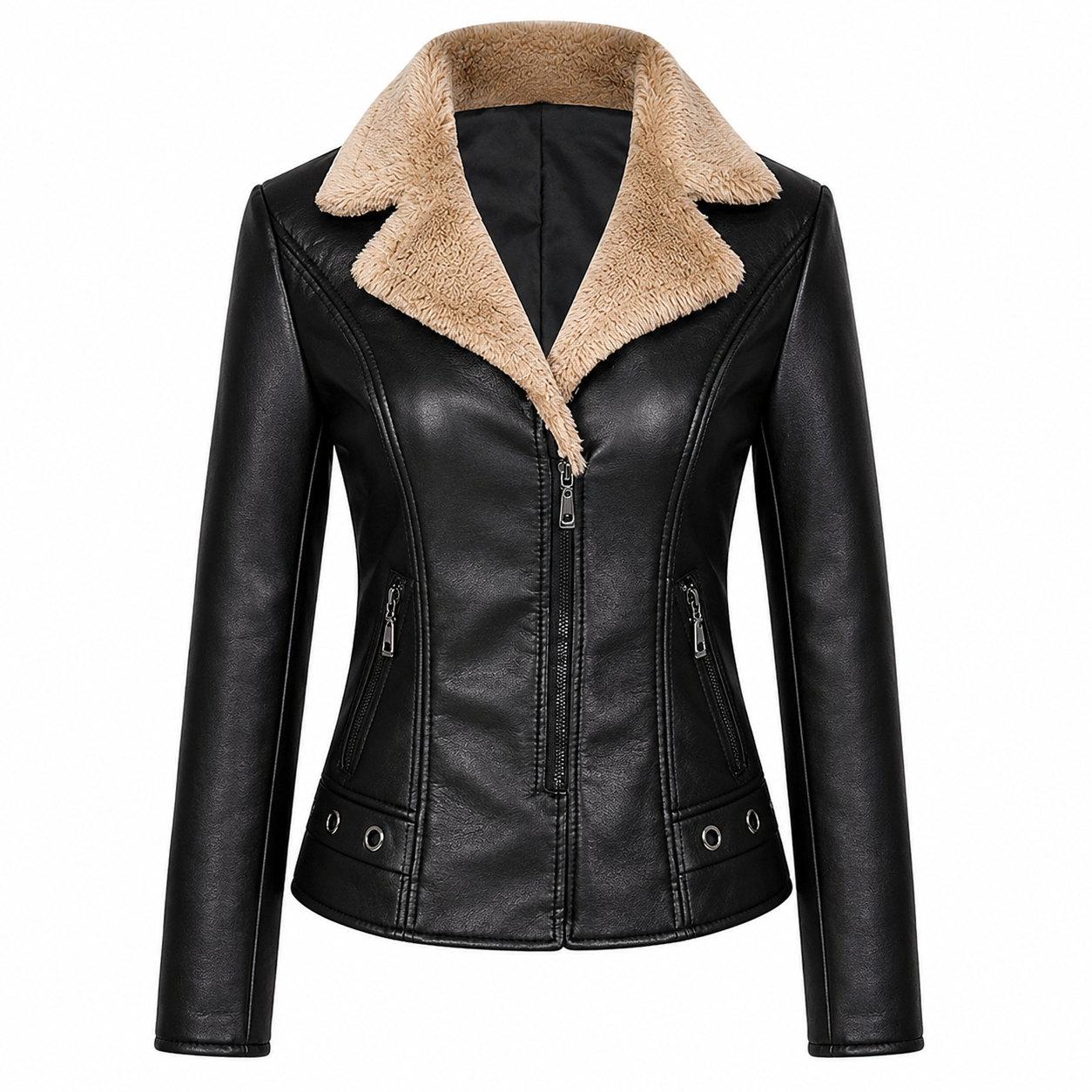 Jaqueta Feminina em Faux Leather com Detalhes em Pelúcia