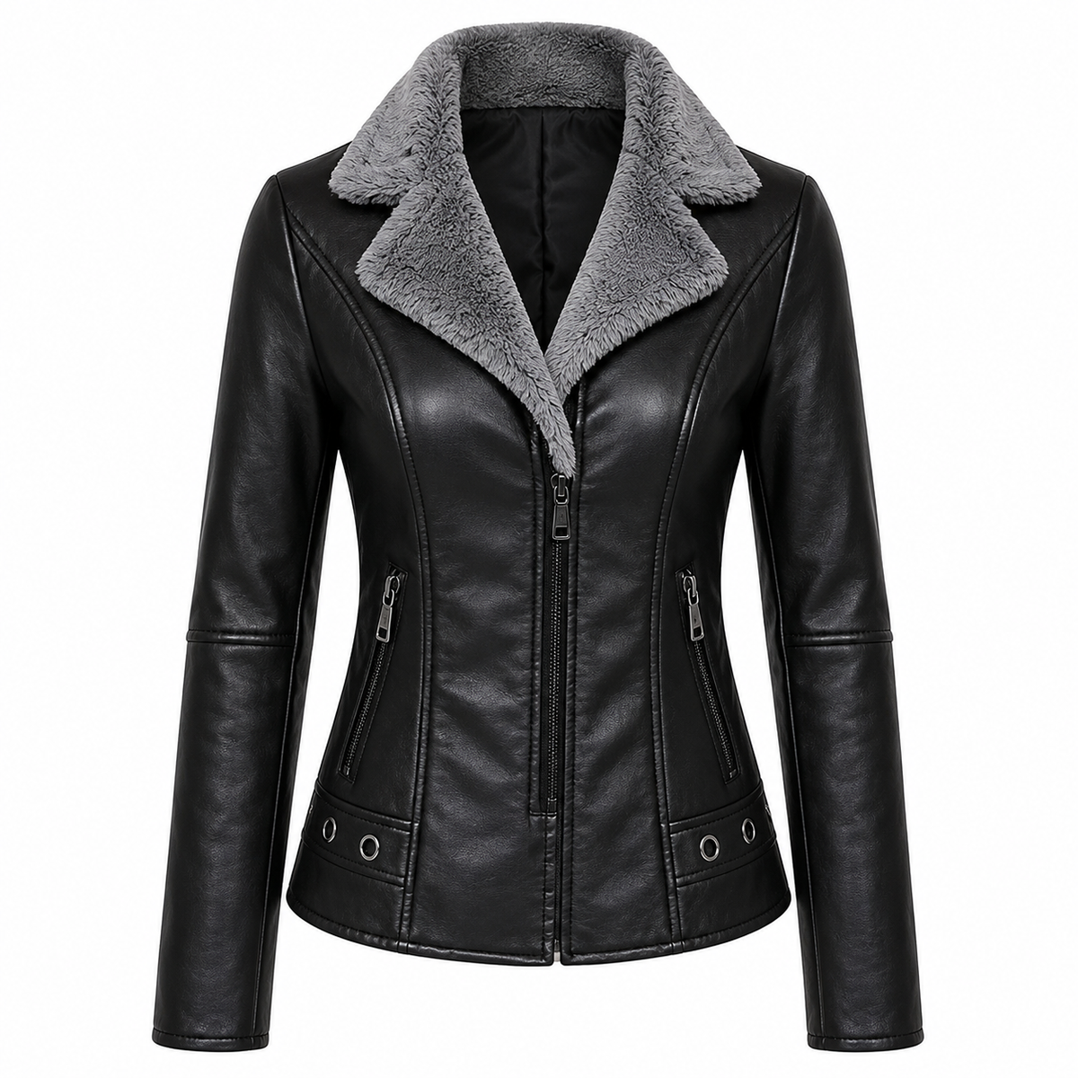 Jaqueta Feminina em Faux Leather com Detalhes em Pelúcia
