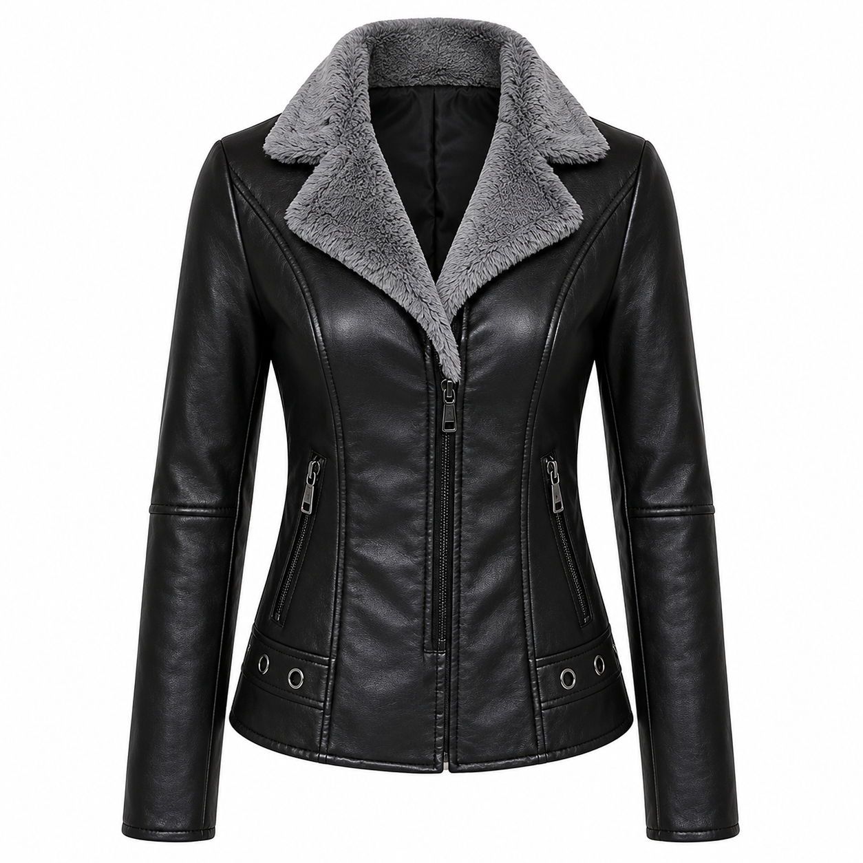 Jaqueta Feminina em Faux Leather com Detalhes em Pelúcia