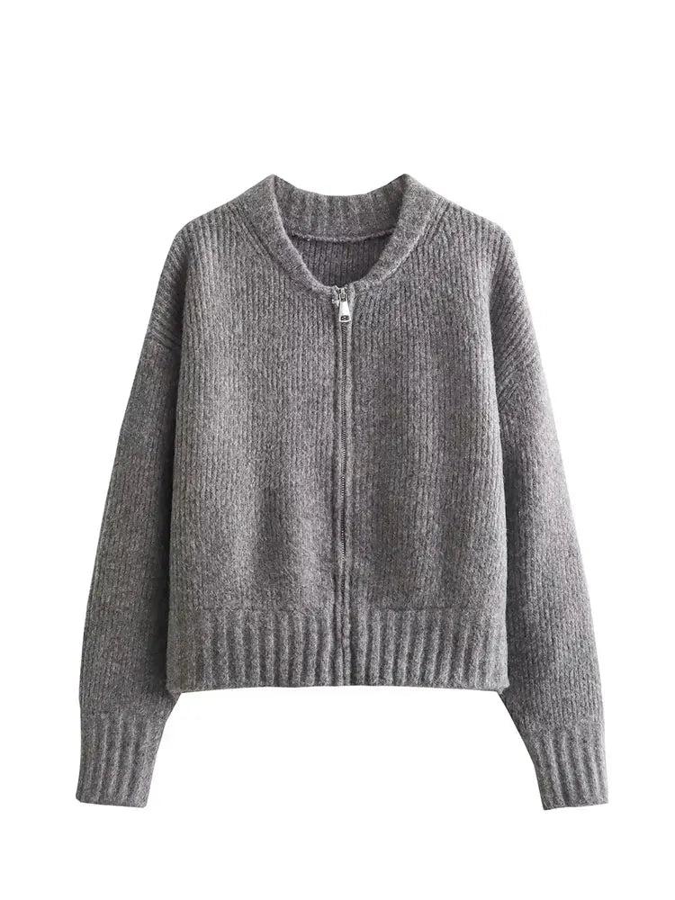 Casaco Feminino Vintage de Malha com Zíper e Gola Redonda - (Promoção de Inverno 2025)